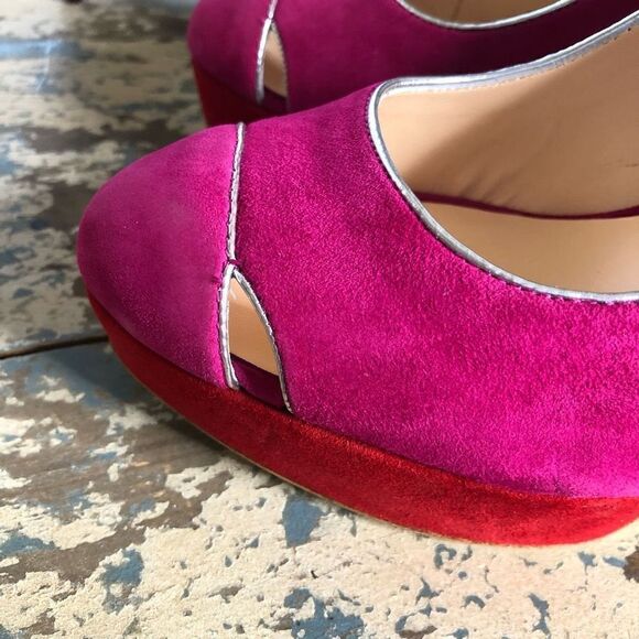 NEW Footcandy Crissy Fuchsia, Red & Blue Suede Barbiecore Y2K Platform Heels NIB - Picture 6 of 15